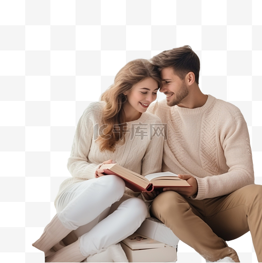 热恋中的年轻夫妇坐在窗台上，在圣诞家居室内看书图片