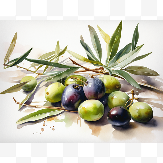 桌上的橄榄和树叶水彩插图图片