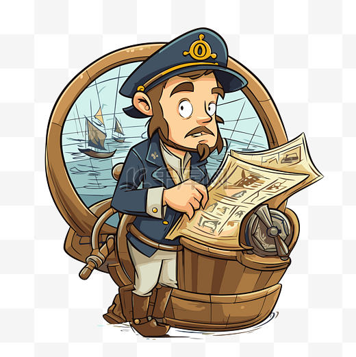 导航剪贴画海盗在船上读报纸卡通 向量图片