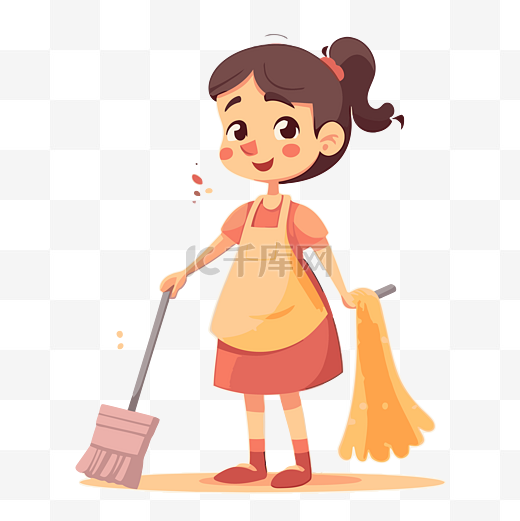 清洁剪贴画卡通女孩卡通女士清洁粉红色围裙拿着垃圾箱和拖把 向量图片