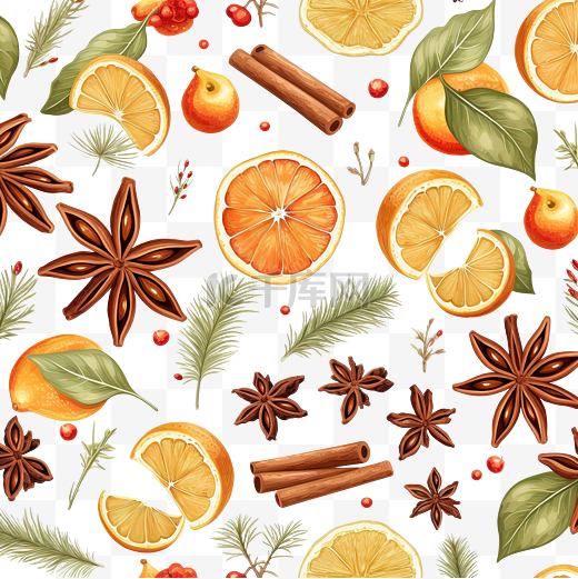 圣诞香料和柑橘类水果的无缝图案图片