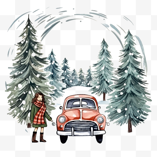 一个手里拿着圣诞花环的女孩，在雪林里盖着一辆复古汽车图片