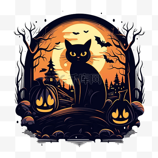 鬼屋场景中黑猫的快乐万圣节庆祝活动矢量插画设计图片