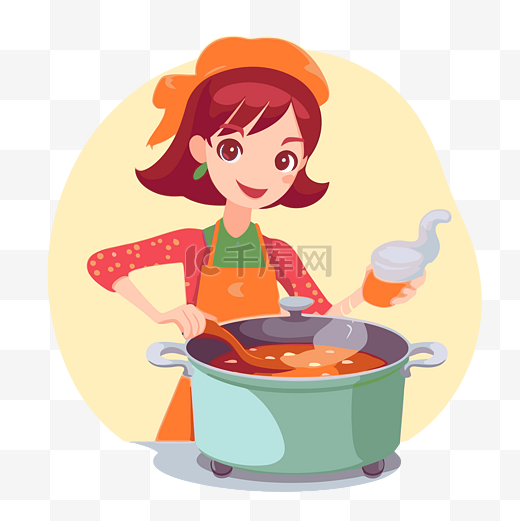 做饭剪贴画卡通女孩正在做汤 向量图片