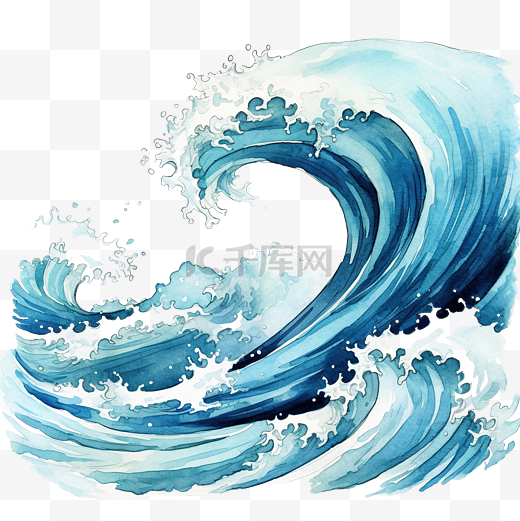 水彩海浪波波插画海洋插画图片