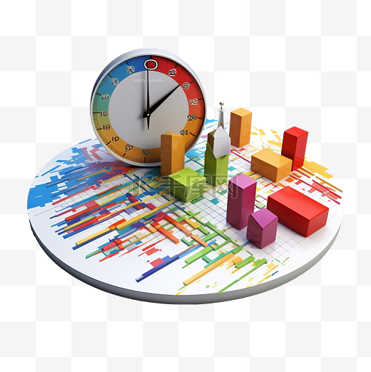 图表和图表与分析业务财务数据在线营销检查时钟隔离业务策略概念 3D 插图或 3D 渲染图片