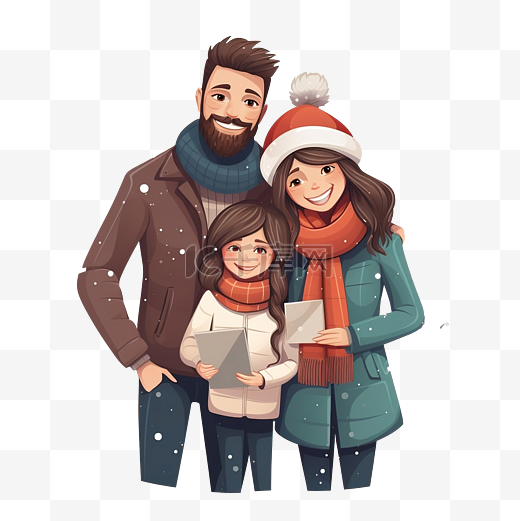 站在圣诞树附近，拿着一张空白卡的幸福家庭图片