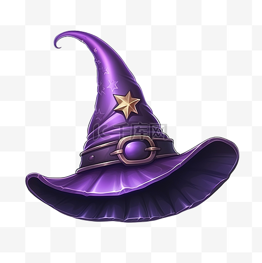 老紫色女巫或巫师帽子，带有补丁万圣节派对服装元素图片