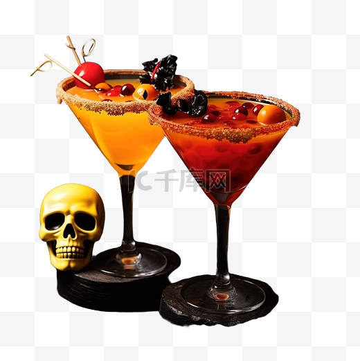 万圣节红色和橙色酒精鸡尾酒装饰着黑色的蝙蝠和骨架图片