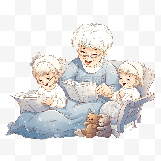奶奶给她快乐的小孙子们大声朗读睡前故事和童话故事图片