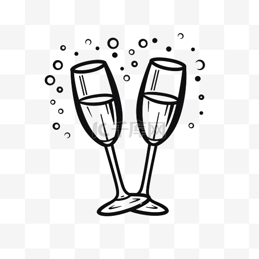 PNG涂鸦风格的香槟杯两杯香槟和黑色线性绘画风格的吐司和欢呼的气泡图片