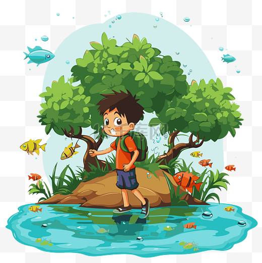 完成的剪贴画小男孩在岛上矢量卡通鱼旁边行走图片