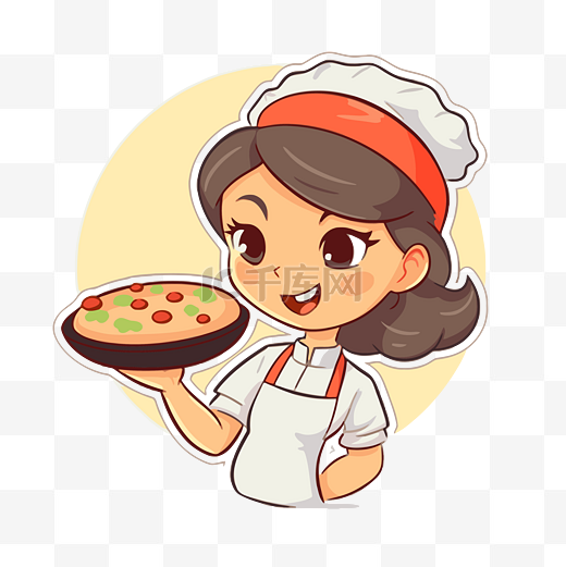 卡通女孩厨师拿着一盘装满披萨的剪贴画 向量图片
