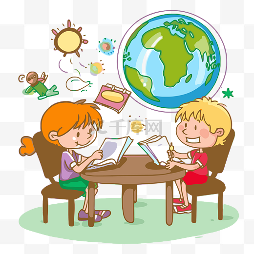 英语剪贴画 两个孩子在桌边学习，周围有地球仪 卡通片 向量图片