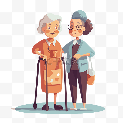 护理人员剪贴画一位老太太和一位年轻女子一起微笑矢量插画卡通图片