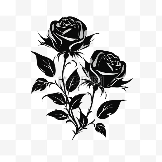 三朵玫瑰的黑色剪影，叶子没有背景隔离元素图片