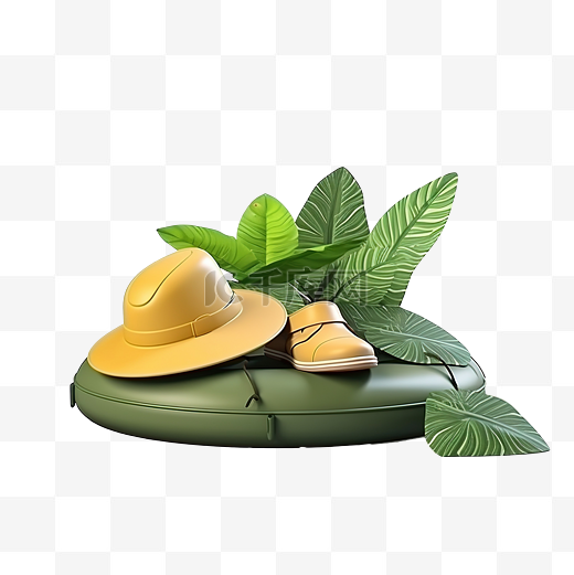 白色背景上带有拖鞋软呢帽救生圈充气鸭和热带树叶的产品模型的 3D 渲染图片
