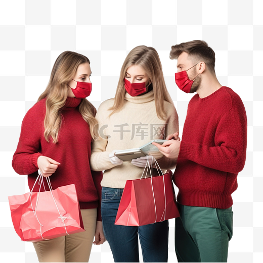 一群戴着医用口罩的朋友互相展示他们为圣诞节买的东西图片