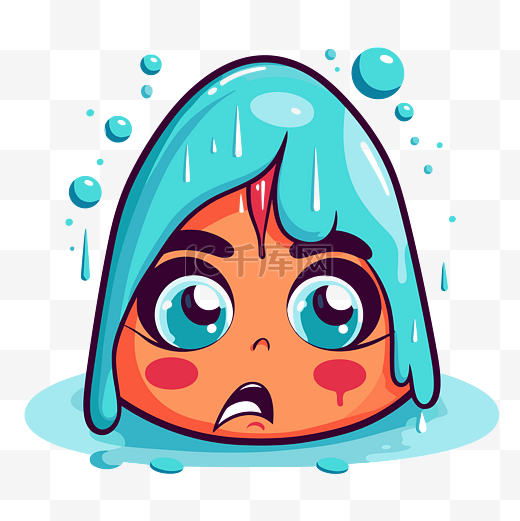 哭着的剪贴画卡通女人，蓝脸被雨淋湿，溅上蓝色的水和小点 向量图片