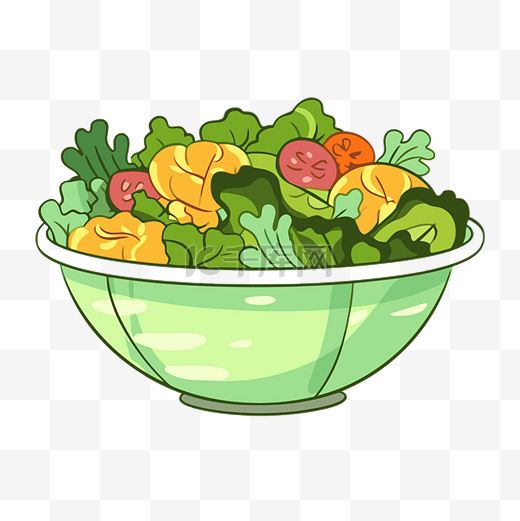 沙拉碗剪贴画 装满绿叶蔬菜的碗描绘了卡通插图 向量图片