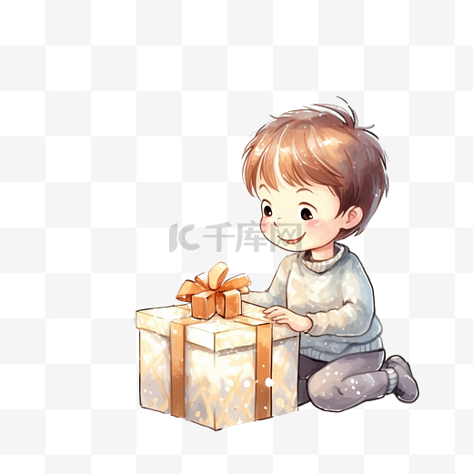 男孩在圣诞树下打开一个节日礼品盒，上面有闪闪发光的仙尘图片