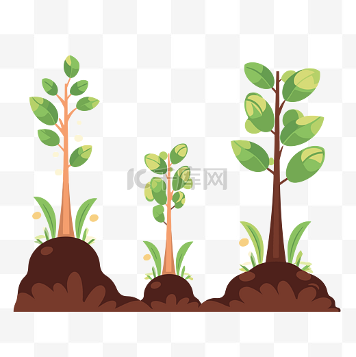 生长剪贴画 三株植物以平面卡通风格从地里长出来 向量图片