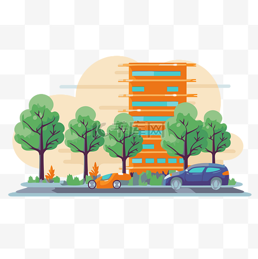 停车剪贴画平面式汽车停在路上有树木和建筑物卡通 向量图片