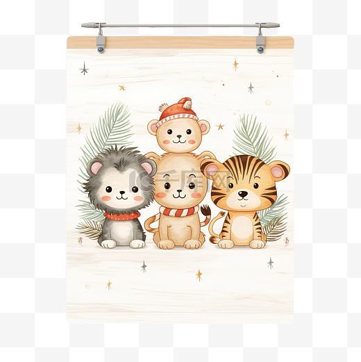 插图圣诞木板与婴儿野生动物图片