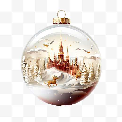 圣诞快乐玻璃球与圣诞老人雪橇飞过城堡图片