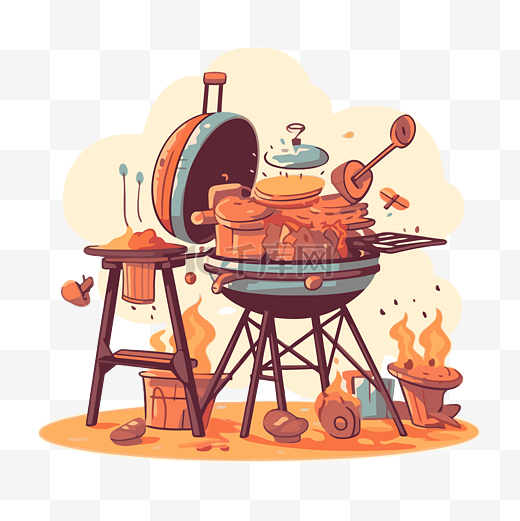 烧烤剪贴画卡通插图在烧烤上烹饪食物 向量图片