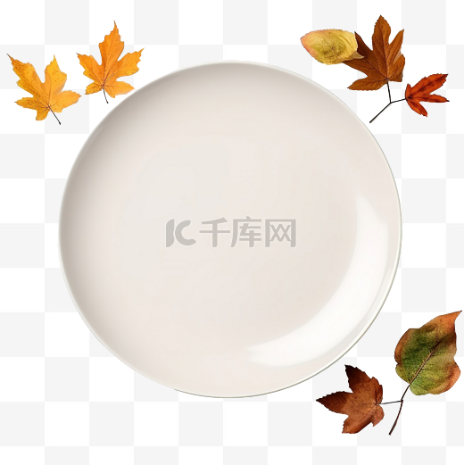 秋季和感恩节餐桌布置，空盘子作为模型装饰落叶图片