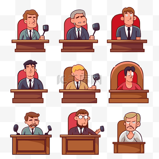 判决剪贴画多个法庭模型显示不同的法庭人物卡通 向量图片