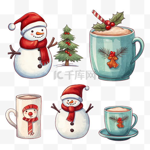 一套水彩圣诞陶瓷厨具卡通风格雪人圣诞老人盘子和杯子图片