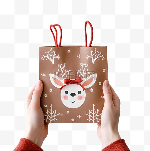 手里拿着可爱的驯鹿装饰的圣诞礼品袋图片
