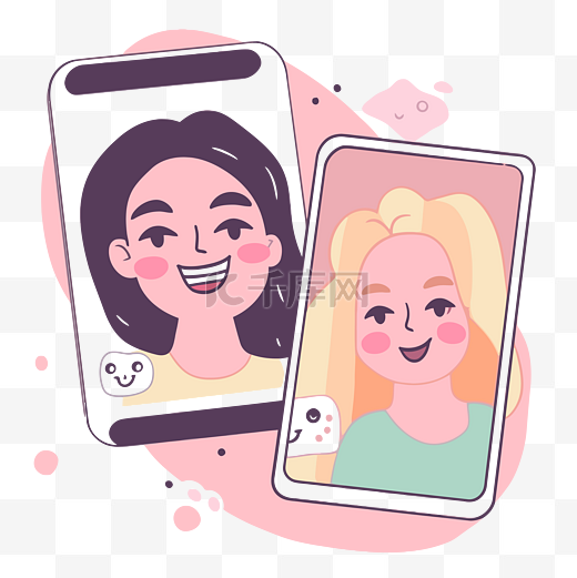 Facetime 剪贴画情侣视频聊天在线插图与两个微笑的女人在电话卡通 向量图片