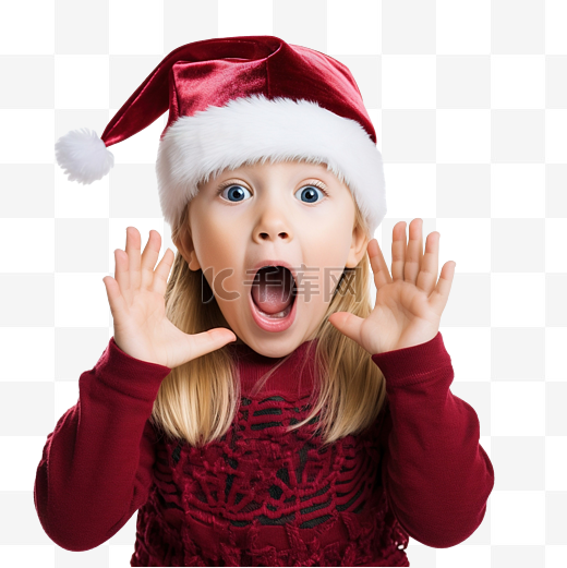 庆祝圣诞节的小女孩在张开的嘴附近大喊并握着手掌图片