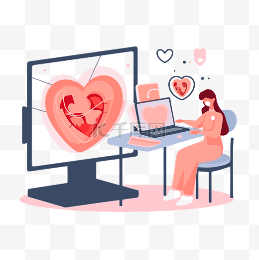 超声心动图剪贴画有心脏的女人正在电脑前工作并指着视频监视器卡通 向量图片