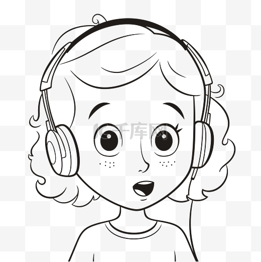 卡通女孩戴着耳机听音乐着色页轮廓素描 向量图片