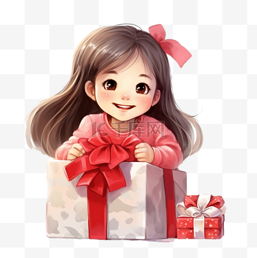 亚洲小女孩在圣诞节打开礼盒，微笑着快乐图片