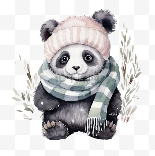水彩可爱的熊猫动物戴着围巾和帽子吃竹子图片