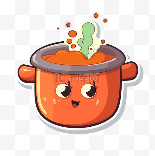 一个带有笑脸的橙色锅正在煮蔬菜 向量图片