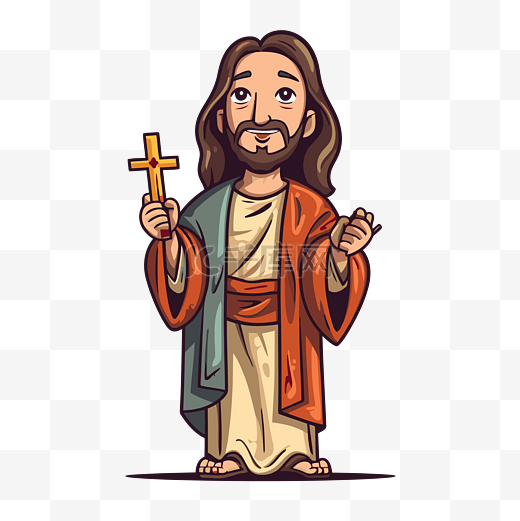 基督剪贴画耶稣穿着长袍拿着十字架矢量插画卡通图片