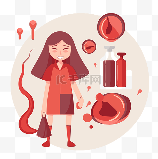 贫血剪贴画红细胞和用红色液体分离的血块和一个带袖子卡通的女孩 向量图片