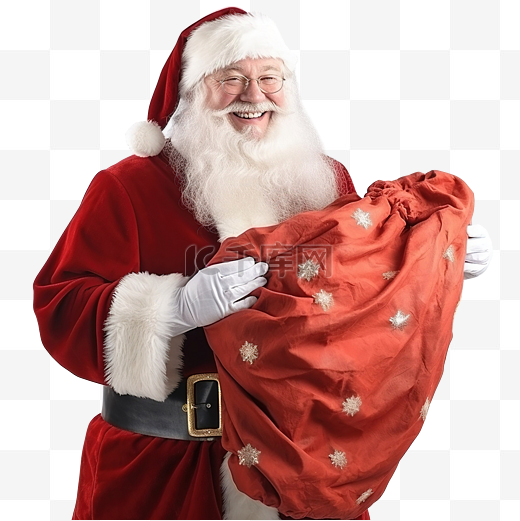 圣诞老人在圣诞树附近家里的房间里放着一大袋礼物图片