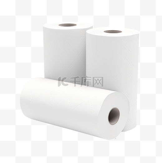 准备在厕所或卫生间使用的三卷白色薄纸或餐巾纸，用 png 格式的剪切路径和阴影隔离图片