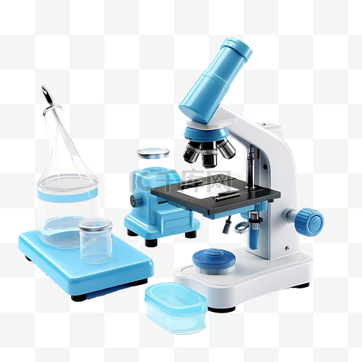 3D 蓝色显微镜设置隔离室在线创新教育电子学习微生物学放大实验室概念 3D 渲染插图图片