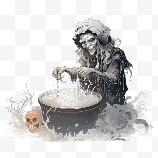 愤怒的老女巫低声念叨着她的咒语，在她的大锅里用骨头煮着美味的汤图片