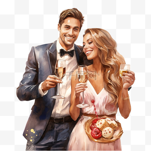 圣诞节时，一对幸福的夫妇拿着一杯香槟，吃饼干图片
