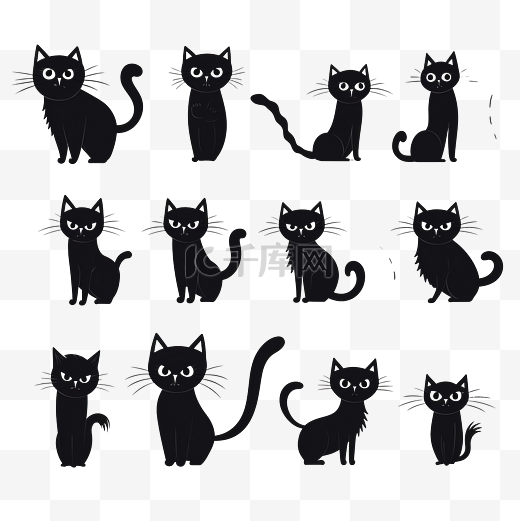猫活跃姿势黑色涂鸦套装卡通小猫可爱或可怕的瘦猫万圣节搞笑图片