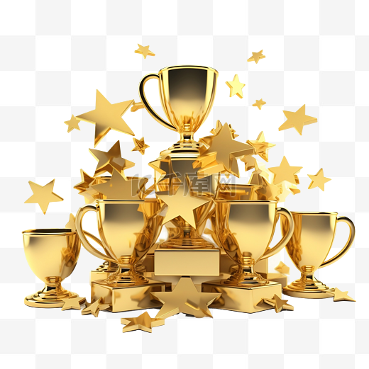 金色冠军杯奖杯与问号符号浮动星几何形状隔离奖励杯概念 3D 插图渲染图片